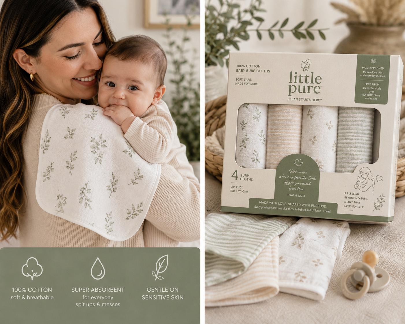Little Pure cotton burp cloth lifestyle and product campaign