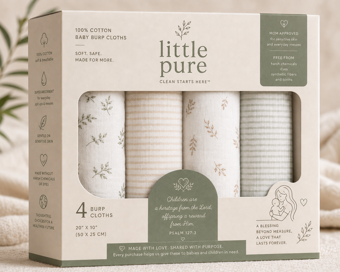 Little Pure 100% cotton baby burp cloth four pack in cream and sage packaging